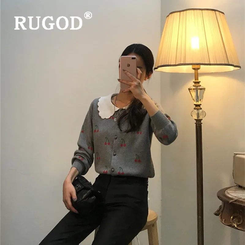 RUGOD Autumn Winter New Style Chic Cherry Pattern Doll Collar Cardigan Vintage Kawaii Knitted Sweater Cute Fashion 2019 |