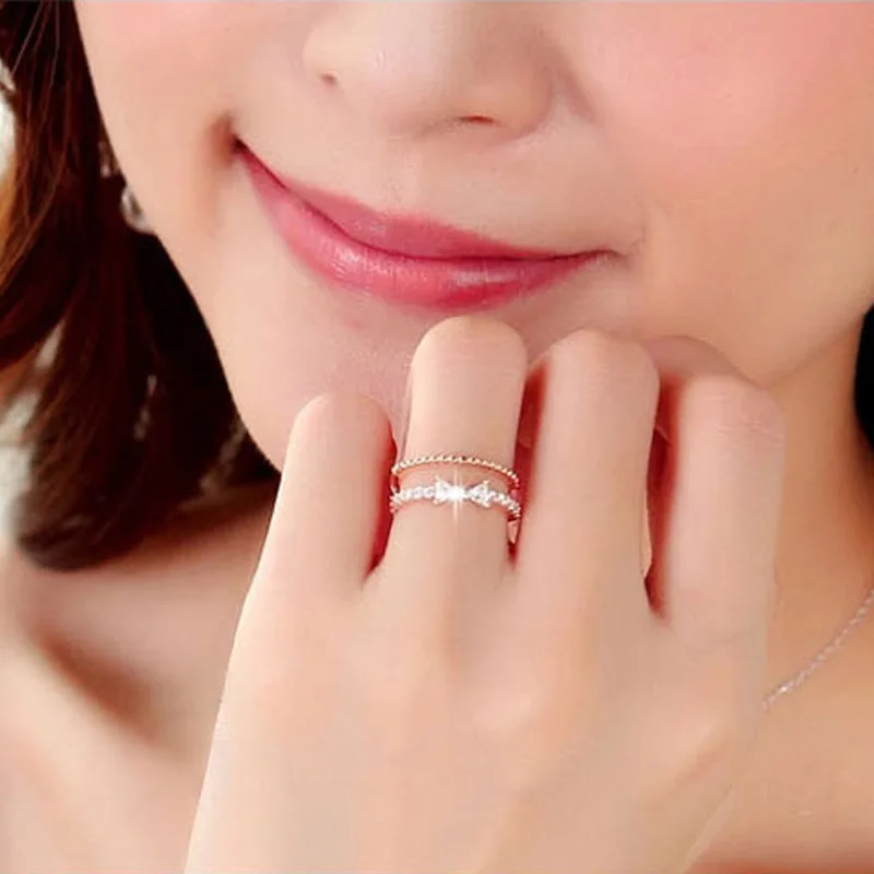 

Trendy Female Crystal Bow Open Ring Rose Gold Silver Color Wedding Rings For Women Dainty White Zircon Hollow Engagement Ring