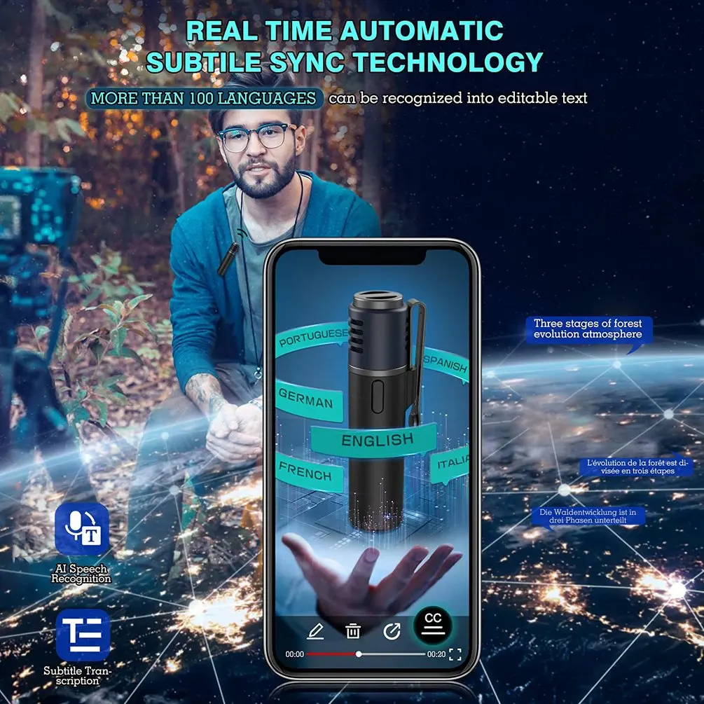 

Wireless Lavalier Microphone Bluetooth Lapel Clip-on Mic Vlogger Noise Reduction Surround/Auto Transcription/Auto Sync