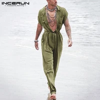 incerun men jumpsuits solid shortsleeve loose thin rompers streetwear breathable summer button casual men cargo overalls s 5xl
