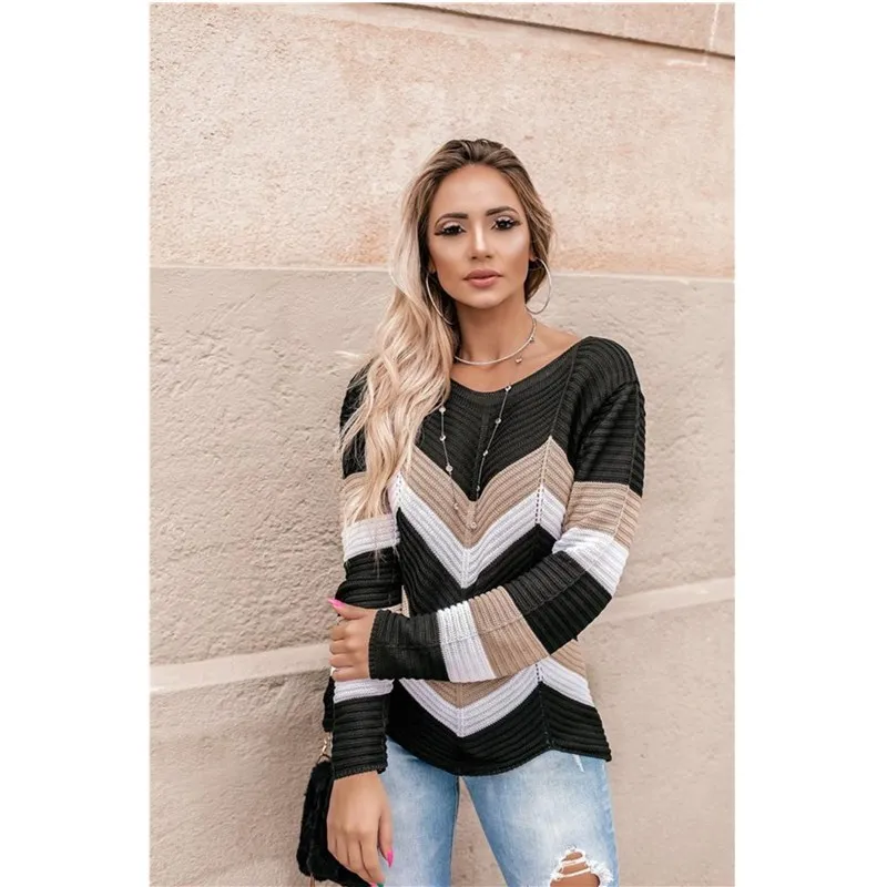 

Women Casual Sweaters New Female Streetwear Warm Knitwear Autumn Winter V Neck Stripe Contrast Color Loose Knitted Pullovers