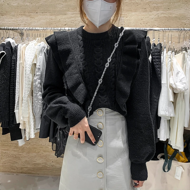 

Осень-зима 2021, дизайнерский свитер с оборками по краям, пуловер с длинным рукавом, женский свитер, Топ