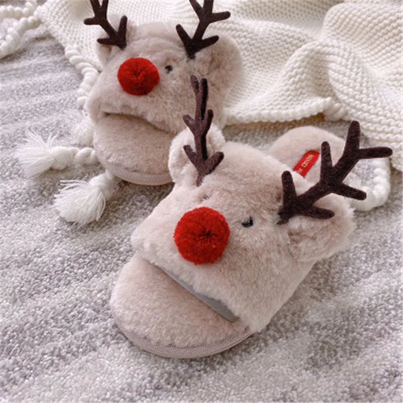 

Women Winter Elk Warm Slippers Ladies Short Plush Soft Indoor Flats Female Faux Fur Christmas Home Shoes Casual Comfortable Hot
