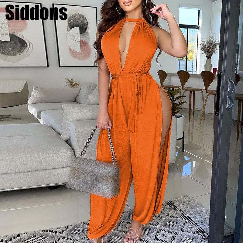 

Sexy Deep V-neck Halter Women Jumpsuit 2021 Summer Backless Lace-up Bow Party Playsuits Spring Hollow Out Solid Rompers Overalls