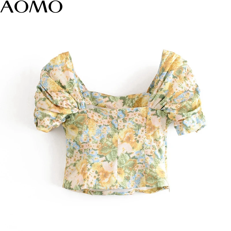 

AOMO women retro floral print crop shirt French style short sleeve 2020 summer chic female sexy womens tops and blouses 1T15A