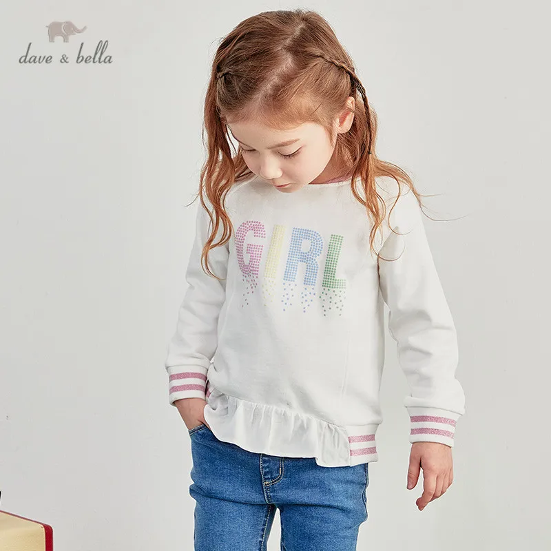 

DKS16634 dave bella spring 5Y-13Y kids girls clothes children fashion letter T-shirt girls high quality fashion tees
