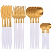 24pcs matte tableware set stainless steel dinnerware set white and gold cutlery set western tableware steel cutlery dropshipping