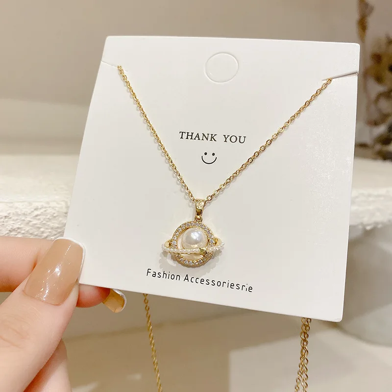 

Fashion Planet Hollow Pearl Pendant Necklace Diamond-Studded Stainless Steel Jewelry Women's Neck Chain Birthday Present