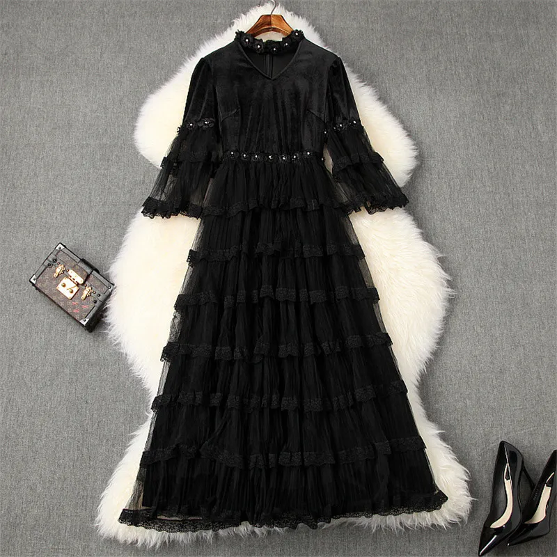 

Spring Designer 2020 Women Runway Dress Elegant Lady Flare Sleeve Beading Lace Ruffles Layered Black Sexy Velvet Party Dresses