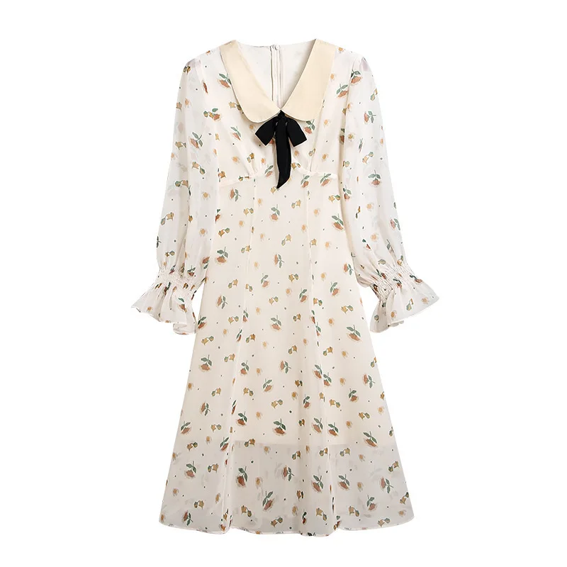 

French little fresh sweet Chiffon print skirt spring new trumpet sleeve fashion baby collar dress