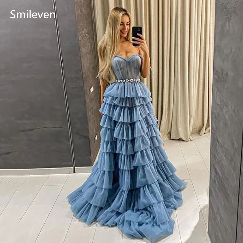 Голубое милое платье принцессы Smileven бальное пышная ярусная тюль длинное
