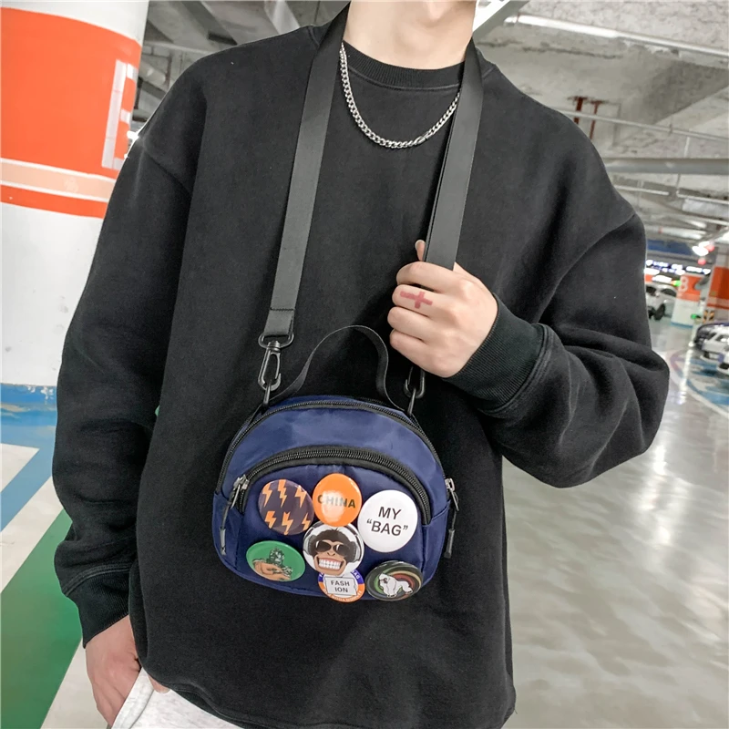

Solid Fabric Men's Single Shoulder Bag Teenage Boys Unisex DIY Badges Crossbody Messenger Bag Street Leisure Small Square Bag