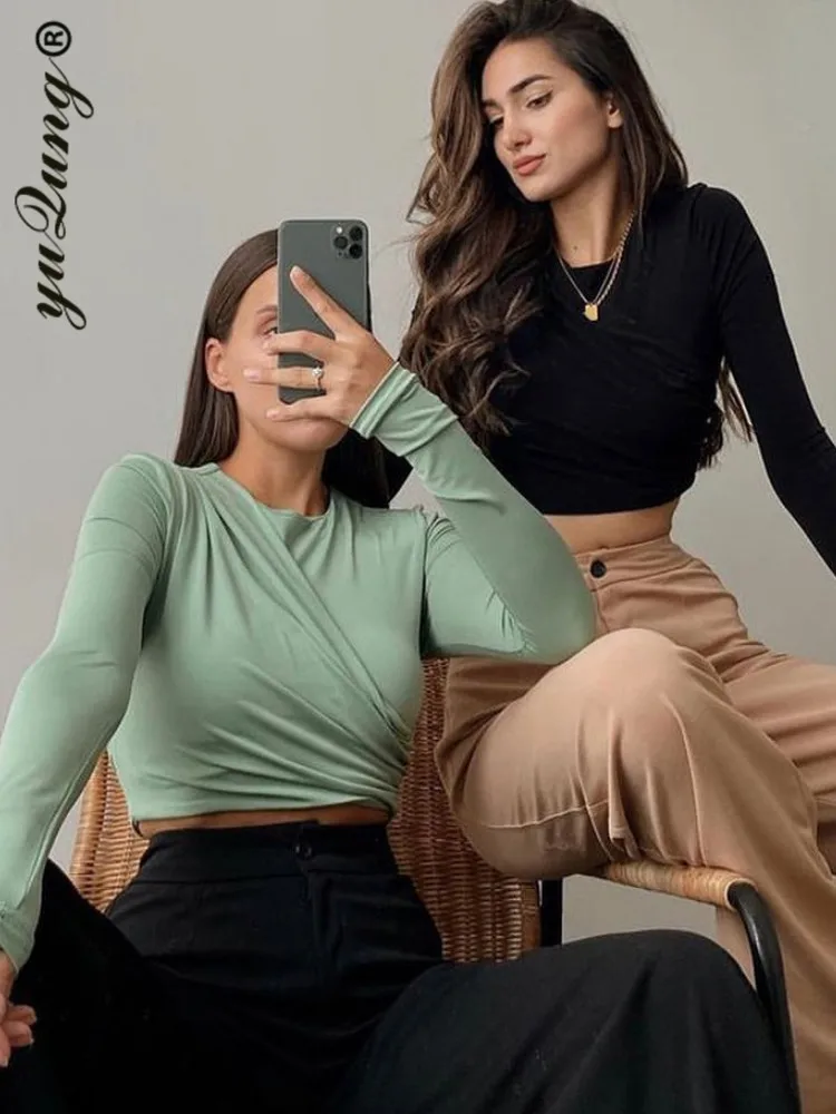 Long Sleeve Shoulder Pad Crop Top Women 2021 Brown Cotton Sexy Ruched T Shirts Autumn Black Streetwear Fashion Tee Tshirt Yuqung | Женская