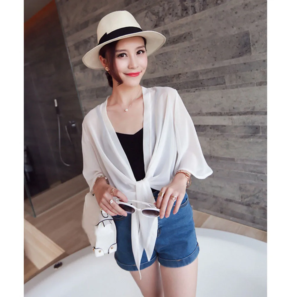 

Women Half Sleeve Trumpet Sleeve Solid Color Short Cardigan Blouse
