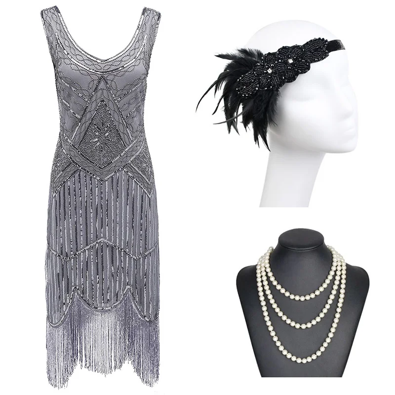 Gray Set 1920s Гэтсби блесток бахромой Пейсли Хлопушка платье с 20s аксессуары набор xs, s, l, m, xl, xxl - Цвет: Gray Set
