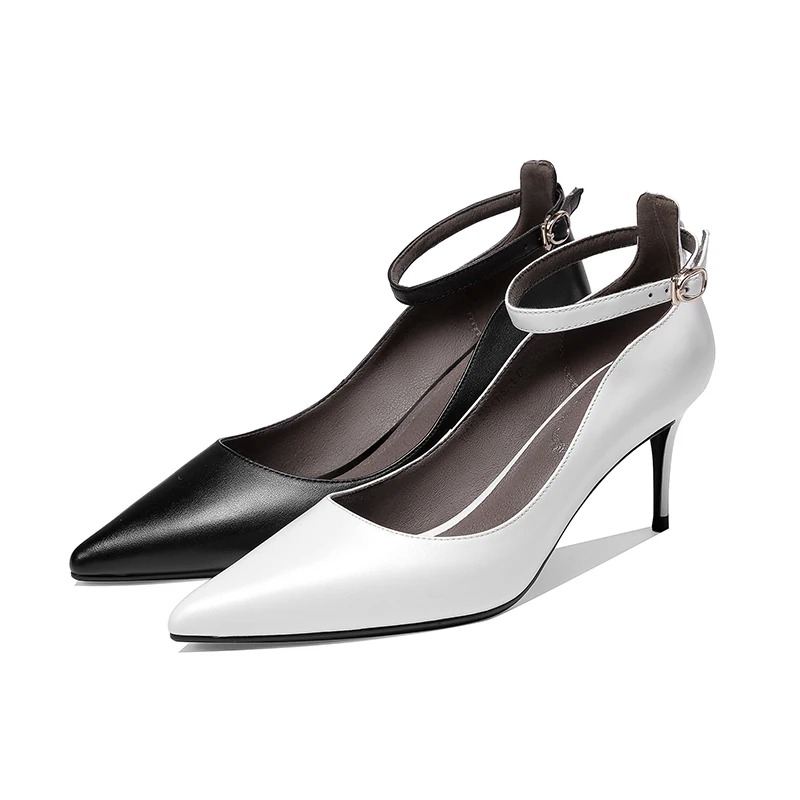 

ISNOM Genuine Leather Pumps Women Ankle Strap Pointed Toe Thin High Heels Shoes Woman Stilettos Pumps Ladies Shoes