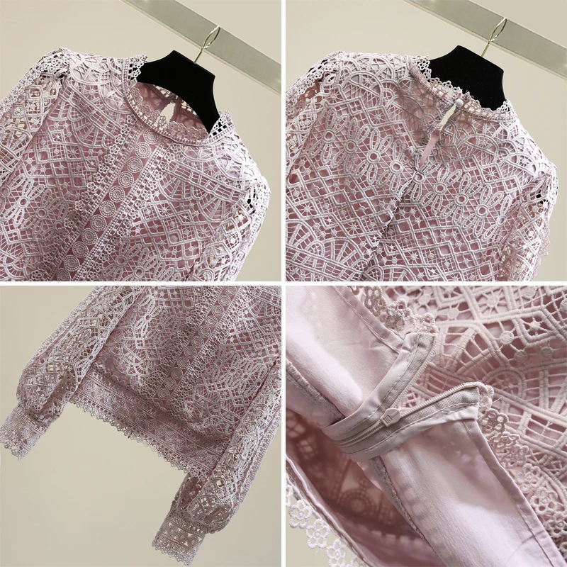

2021 Spring Korean Style Slim-Fit Solid Color Lace Blouse Elegant Hollow Crocheted Lace Shirt Long Sleeve Top Shirt Women