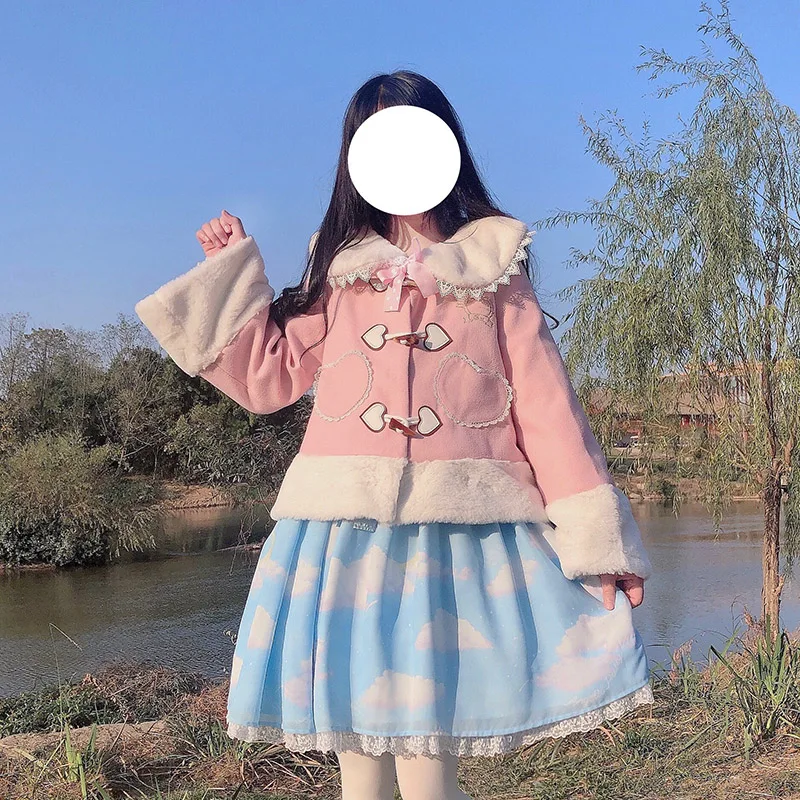 Anbenser Women Sweet Autumn Winter Lolita Coats Rabbit Ears Warm Soft Plush Cartoon Anime Cute Cat Kawaii Hooded Jackets Outwear