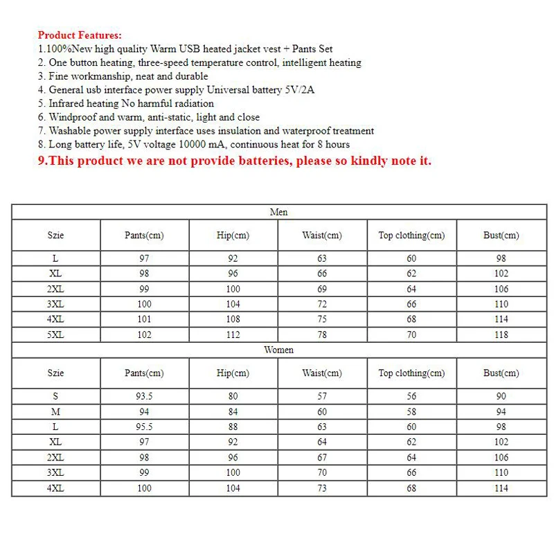 Мужской и Женский уличный комплект из жилета с инфракрасным подогревом брюк