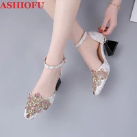 ashiofu newest hot sale womens chunky heel sandals 2020 fashion lace rhinestone wedding party shoes evening daily wear sandals