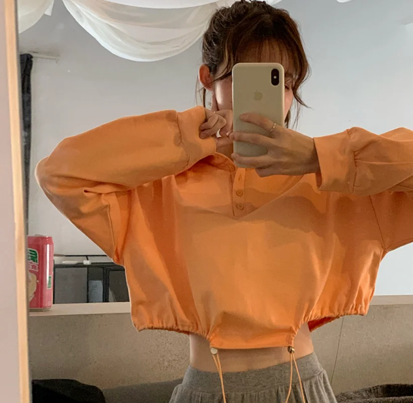

Polo Collar Short Sweater Ladies Spring Wild Loose and Thin Chic Drawstring Waist Long-sleeved T Shirts 2021 New Korean Version