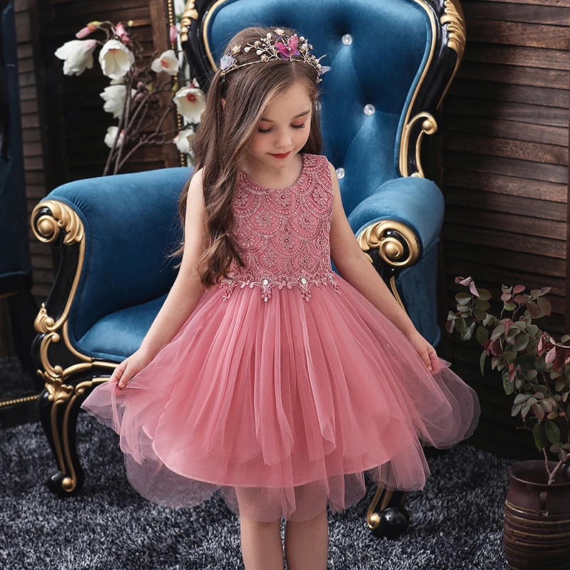 Детское кружевное платье без рукавов летнее Сетчатое с цветочным принтом для