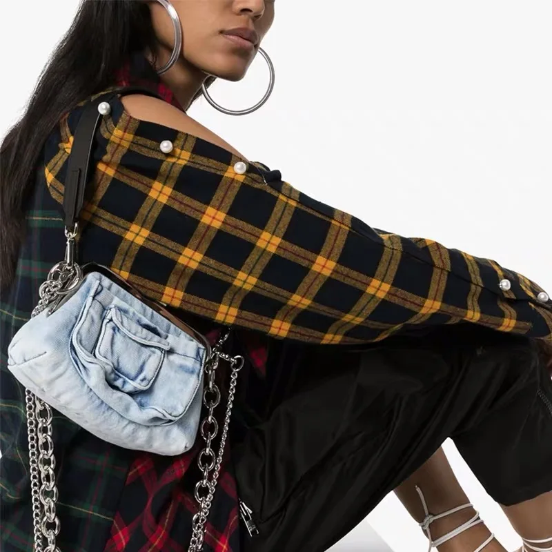 Женская джинсовая сумка на одно плечо с цепочкой и зажимом | Багаж сумки