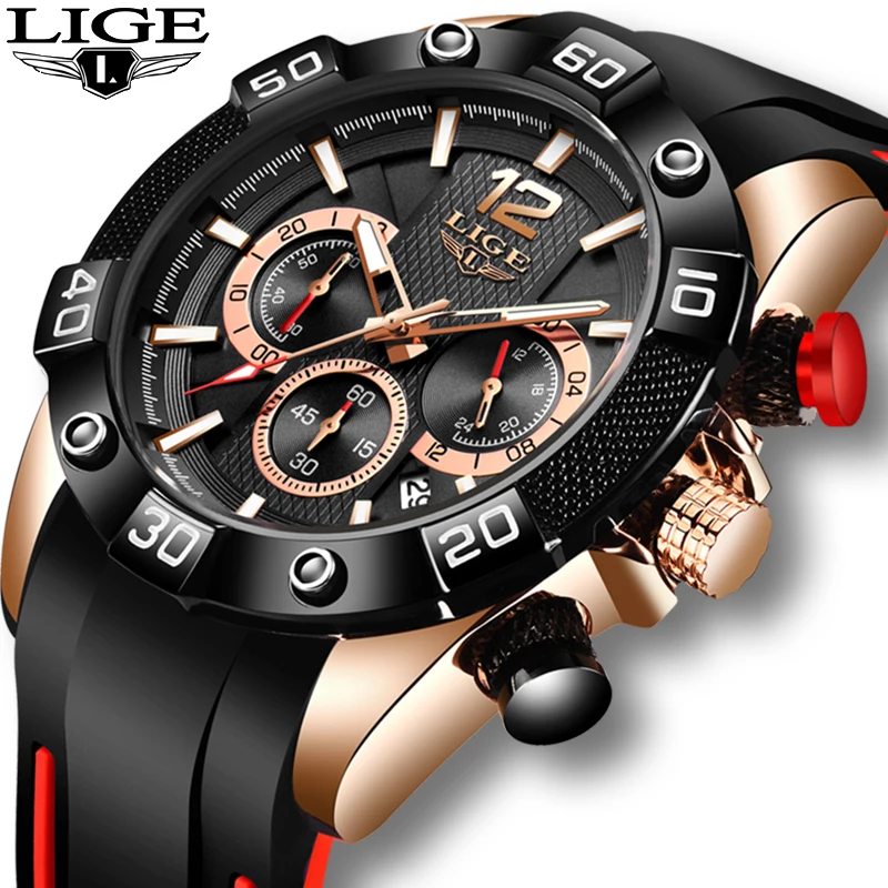 

Часы мужские Кварцевые водонепроницаемые с силиконовым ремешком и хронографом