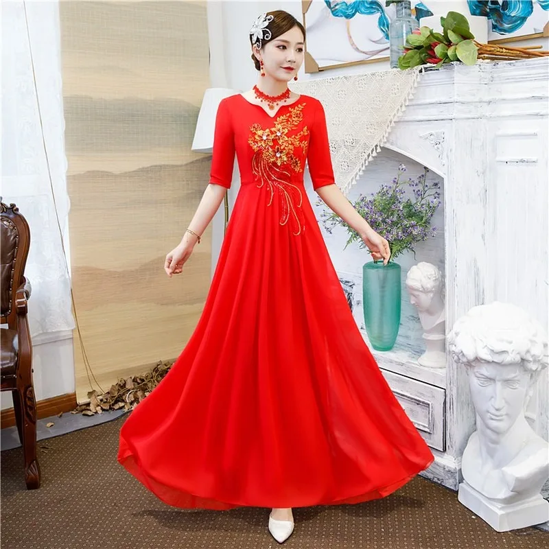 

Chinese Style Large Choir Performances Costumes Women Dress Opening Square Dance Clothes