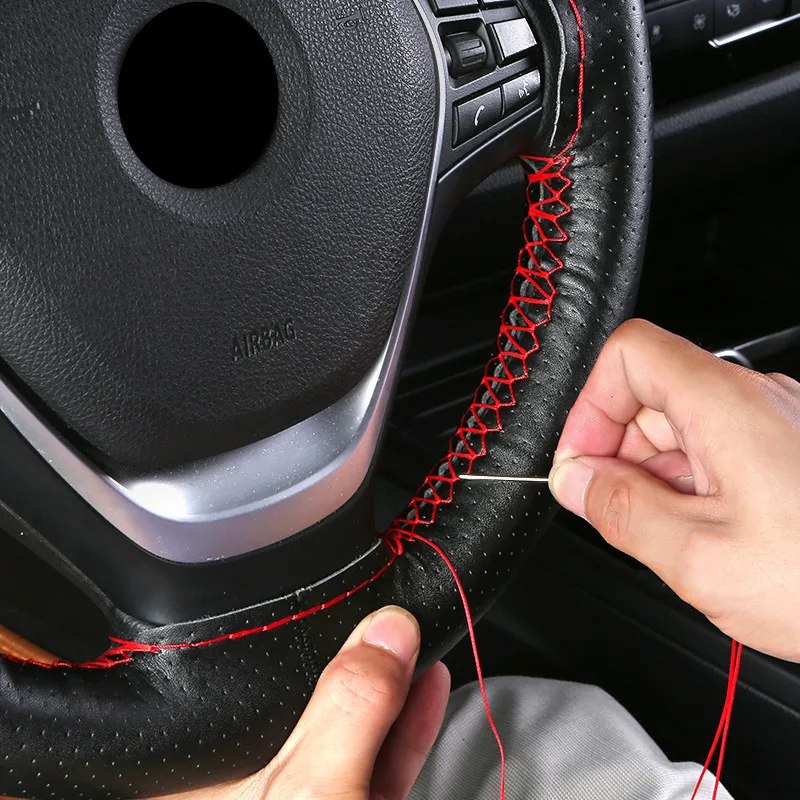 

38/40cm DIY Genuine Leather Car Steering Wheel Cover Soft Anti slip 100% Cowhide Braid With Needles Thread Auto Accessories