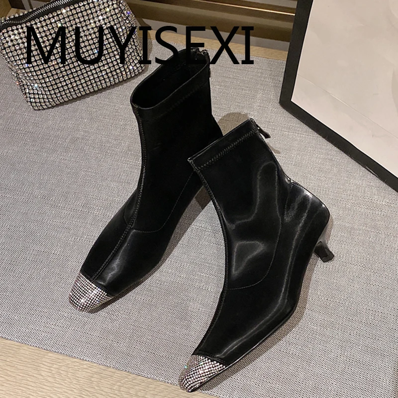 

Rhinestone ankle boots soft mixed colors decoration square toe 4cm med heels fashion mature women zipper DMJ47 MUYISEXI
