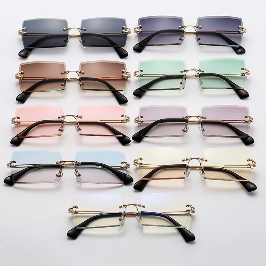 

2021 Small Rimless Sunglasses Women Summer Style Rectangle Sun Glasses Green Brown Shades Female UV400 Mirrors Glasses Eyewear