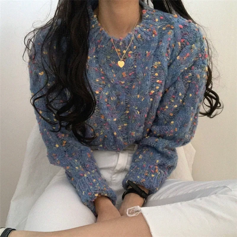 

Knitted Twist Sweater Ladies Candy Hit Color Minus Age Polka Dot Retro Pullover O-neck Long-sleeved Autumn and Winter Clothes