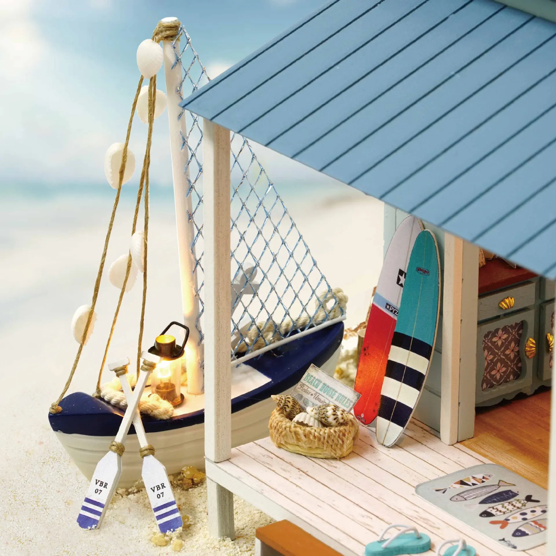 

Wooden Dollhouse Villa by the sea surfboard furniture kit handmade house miniature assmbly doll house toys for children