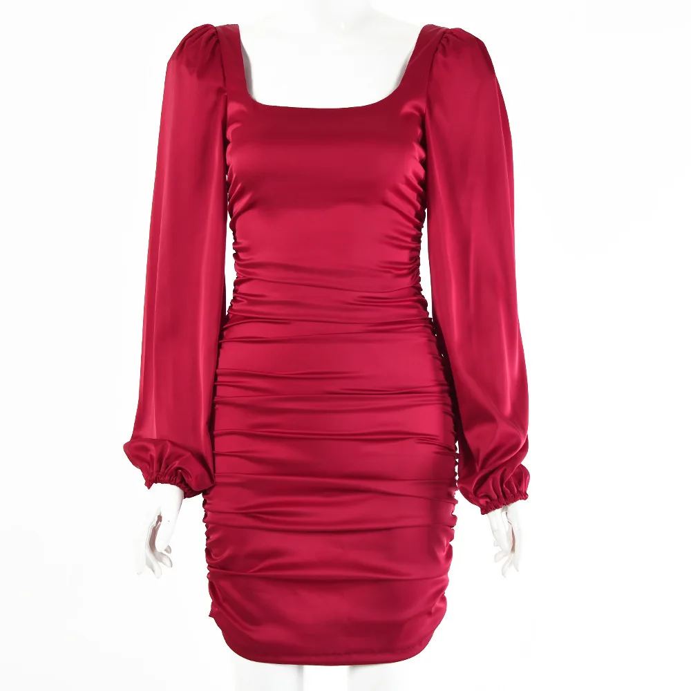 

2021 new European and American women's sexy backless square neck long sleeve temperament tight-fitting solid color hip skirt