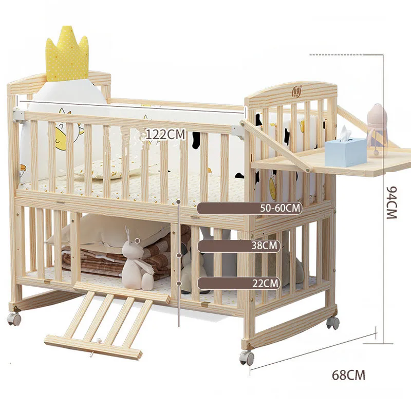Solid Pine Wood Baby Crib Stitching Big Bed, Multifunctional Kid Cot Can Extend To 168cm Suit For Elder Children