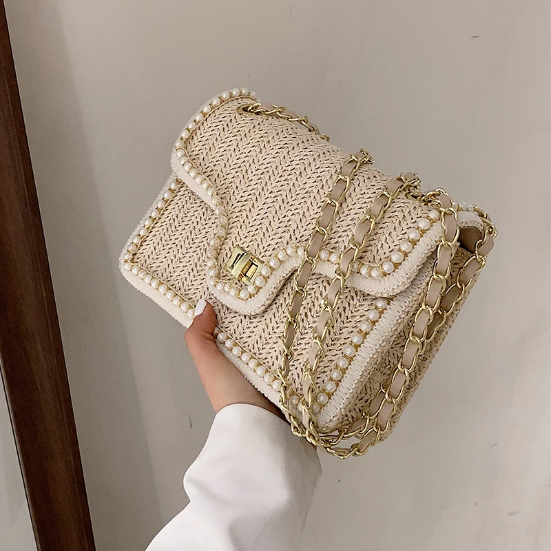 weave square crossbody bag 2022 summer handbag new quality straw pearl womens designer handbag pearl chain shoulder bag handbag free global shipping
