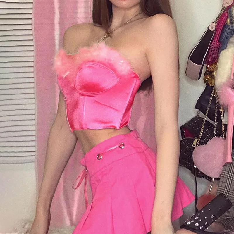 Pink Fur Satin Sexy Tube Crop Top Neon T-shirt 2021 New Spring Party Club Tanks Tshirt Tees Summer Sleeveless Short T Shirt | Женская