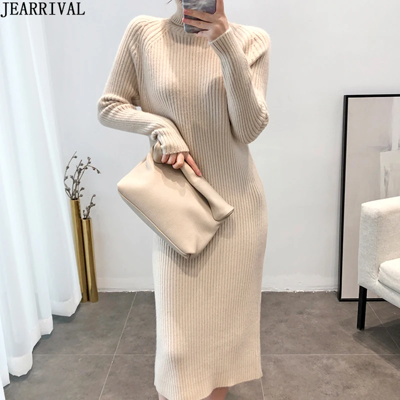 Новинка 2019 платье-свитер с высоким воротом женское платье длинным рукавом