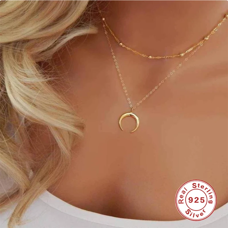 

AIDE 2 Layers Crescent Moon Pendant Necklace For Women Multilayer Chain Choker Necklace For Gift Silver 925 Jewelry collares