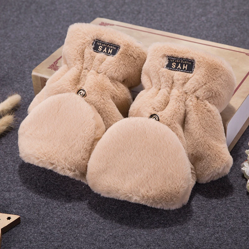 

Faux Fur Wool Gloves For Women Winter Thick Warm Cashmere Plush Hand Warmer Flip Half Finger Gloves Cute Soft Fingerless Mittens