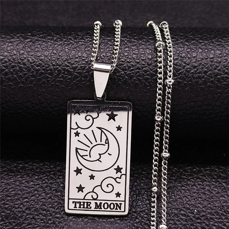 

Stainless Steel Tarot The Moon Esotericism Necklace Charms Silver Color Necklace Pendant Jewelry Gift The Major Arcana Pendants
