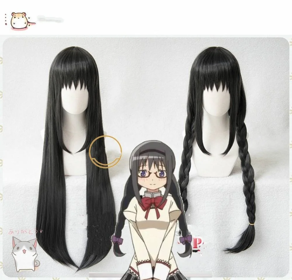 

Парик для косплея Puella Magi Madoka Magica, длинные прямые черные парики Akemi Homura + бесплатная шапочка для парика