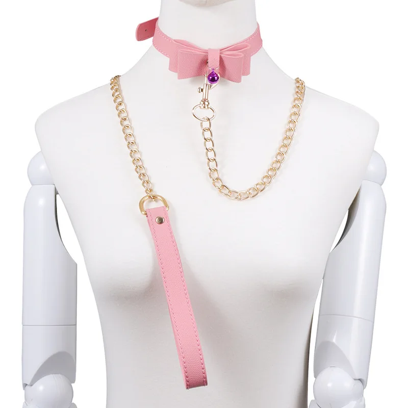 Fetish Pink Leather SM Girls Kinky Tuning Slave Collar Adult Sex Toys Choker with Metal Chain Bondage Restraint | Красота и здоровье