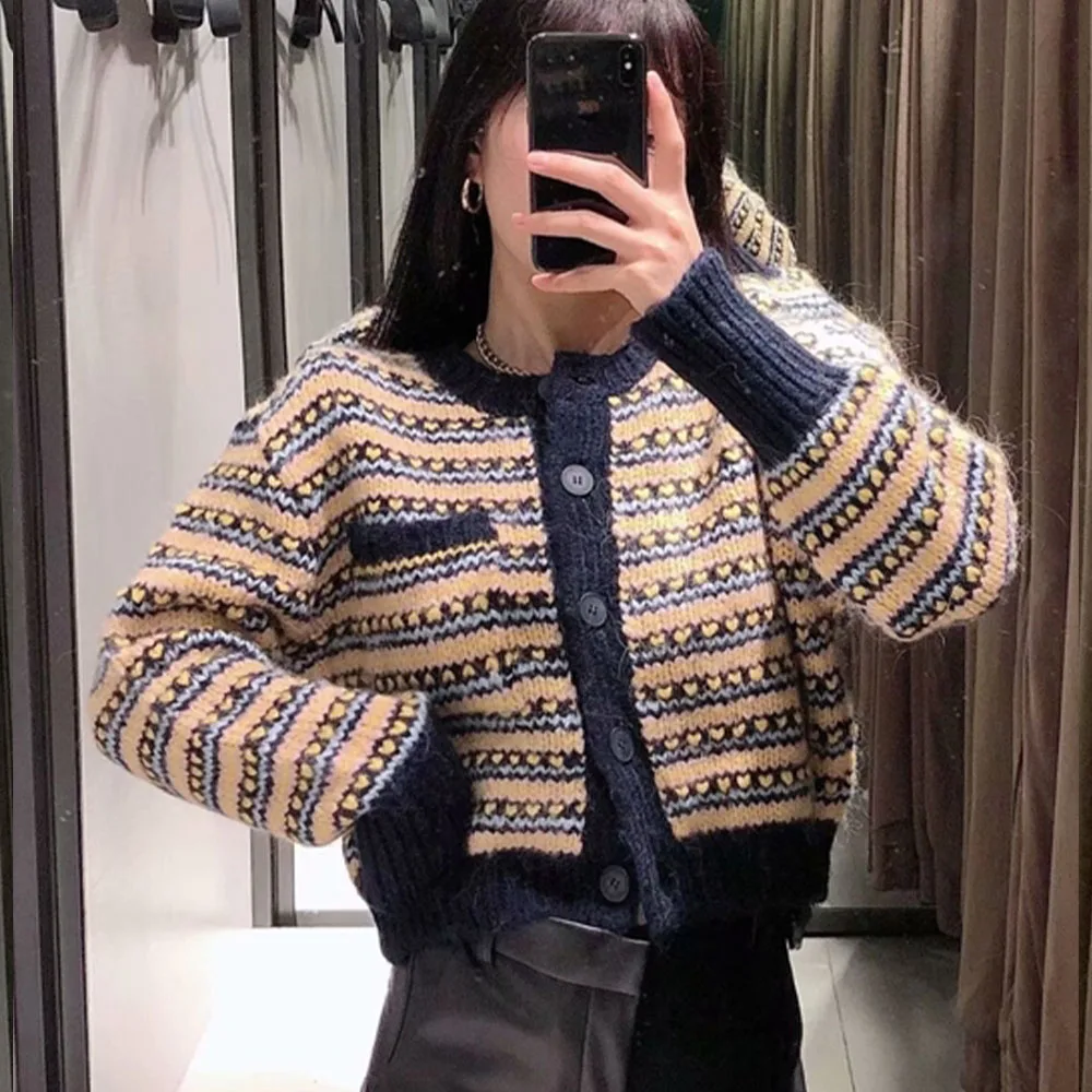 

2021 spring new women's fashion slim jacquard knitted sweater coat