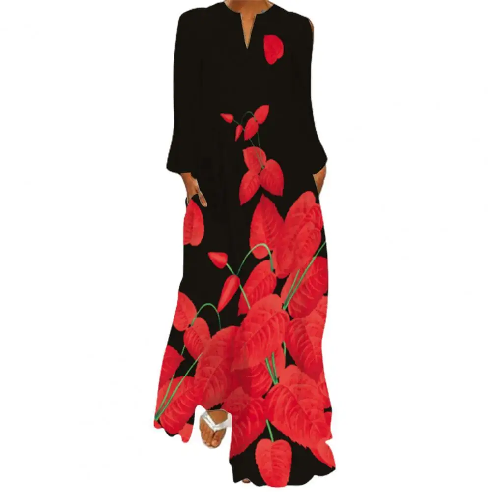 

Vintage Women Autumn Long Dress Print V Neck Long Sleeve Large Hem Insert Pockets Ladies Bohemian Maxi Dress