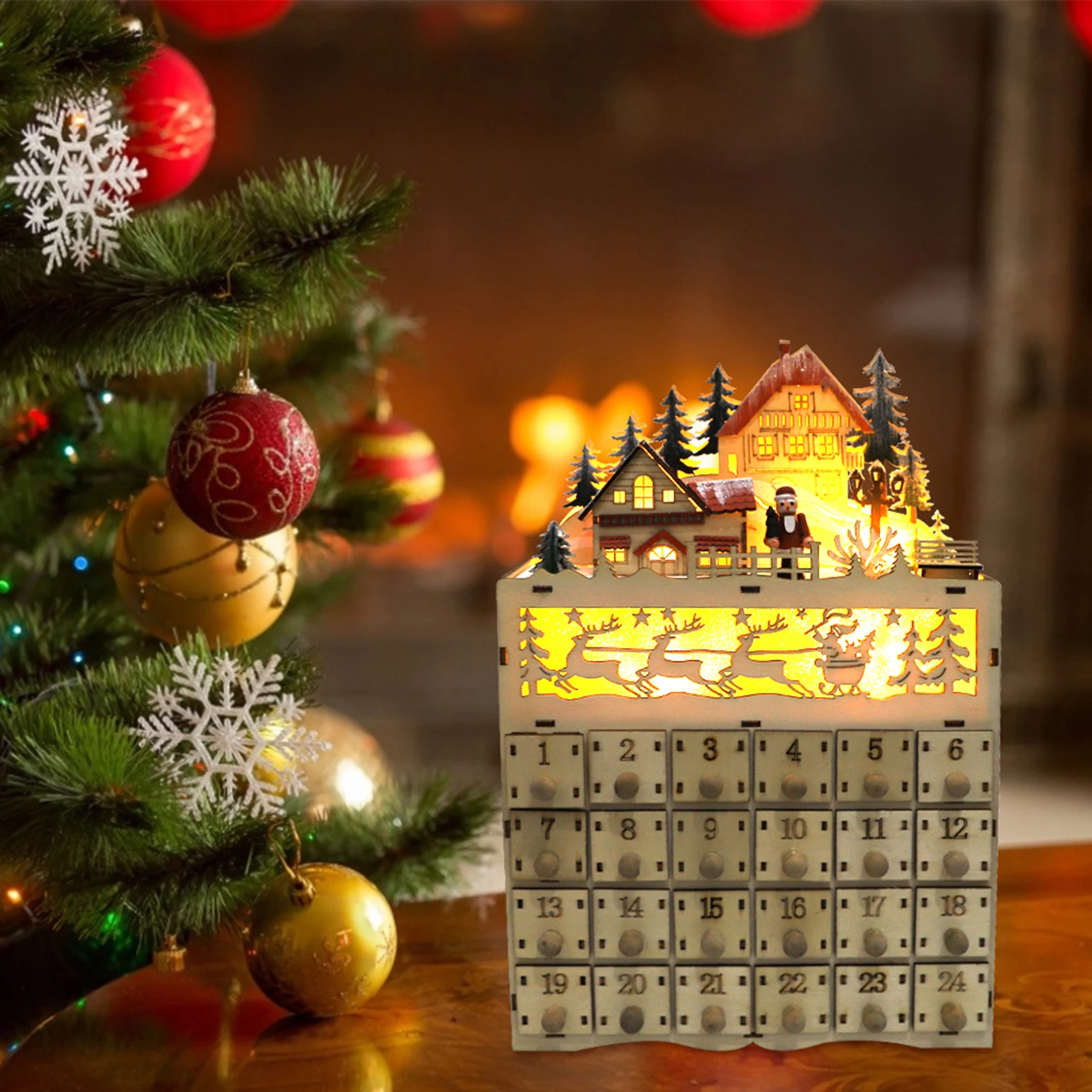 

Wooden Craft Christmas Advent Calendar with Lamp 24 Numbered Drawers Countdown Christmas calendar ornaments Home Decoration