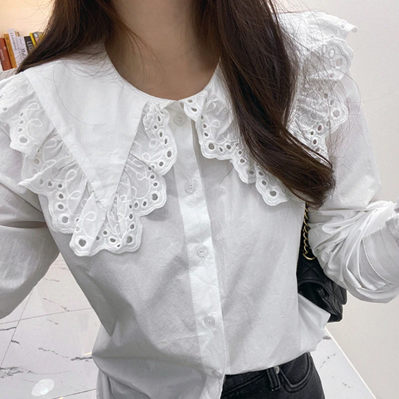 

RUGOD 2021 pure color elegant lapel lace long sleeve shirt women
