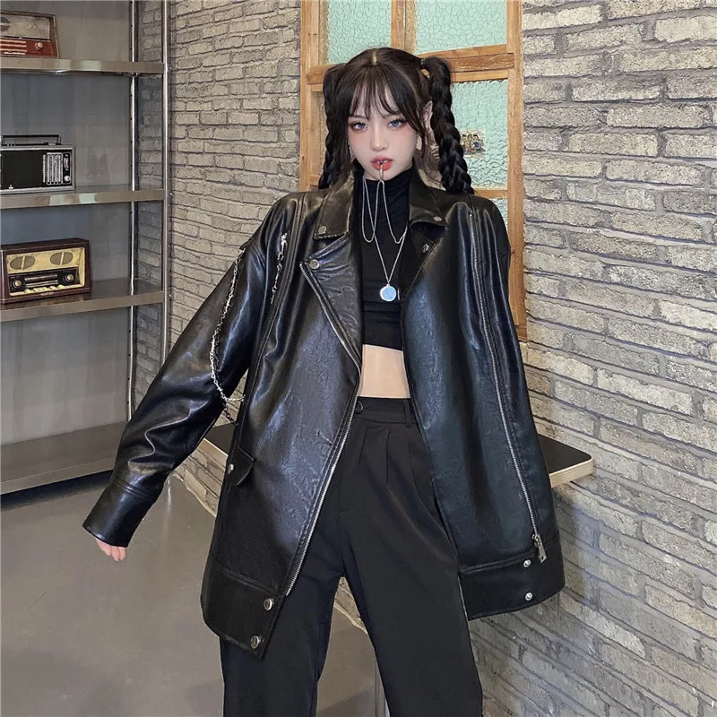 Мото куртка женская кожаная с длинным рукавом в японском стиле | Женская одежда