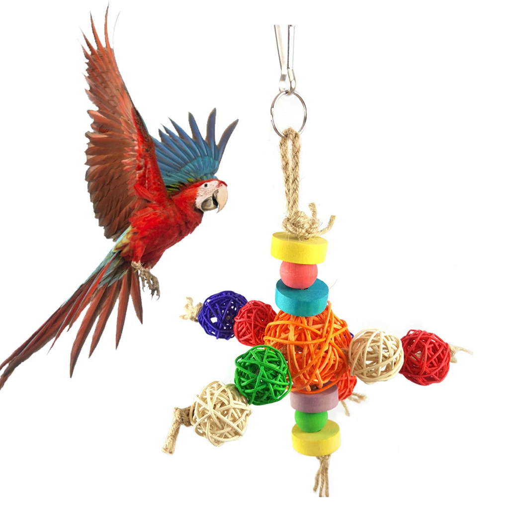 

Игрушка для жевания в виде попугая, интерактивный деревянный попугай, игрушка-птица, подвесная игрушка, красочный шар из ротанга, подвеска, ...